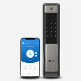 Cerradura Inteligente EXC-SP600. WiFi, Huella Digital, Contraseña Numérica y Tarjeta RFID. Manija tipo Push-Pull. Módulo exterior, vista frontal. Smartphone con App Excel Smart Doorlock