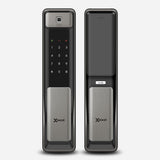 Cerradura Inteligente EXC-SP600. WiFi, Huella Digital, Contraseña Numérica y Tarjeta RFID. Manija tipo Push-Pull. Módulos exterior e interior, vista frontal.