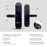 Cerradura Inteligente Excel 202 con lector de huella digital en la manija, módulo exterior y módulo interior.