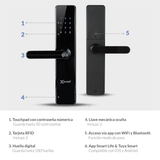 Cerradura Inteligente Excel 203 con lector de huella digital en la manija, módulo exterior y módulo interior.