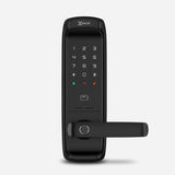 Cerradura Inteligente EXC-SL500. Conectividad WiFi y Bluetooth, lector de huella digital, Contraseña Numérica y Tarjeta RFID. Teclado numérico iluminado. Módulo exterior, vista frontal.