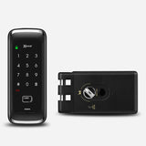 Cerradura Digital EXC-D430 tipo cerrojo, para puerta corrediza y abatible. Contraseña Numérica. Tarjeta RFID. Módulo interior y exterior, vista frontal.