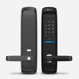 Cerradura Inteligente EXC-SL520. WiFi y Bluetooth. Huella Digital, Contraseña Numérica y Tarjeta RFID. Teclado numérico iluminado. Módulos exterior e interior, vista frontal.