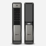 Cerradura Inteligente EXC-SP600. WiFi y Bluetooth, Huella Digital, Contraseña Numérica y Tarjeta RFID. Manija tipo Push-Pull. Módulos exterior e interior, vista frontal.