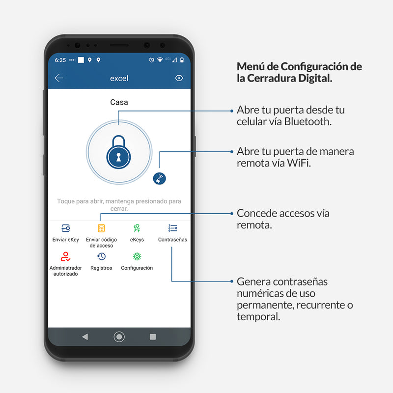 App Digital Doorlock para Cerradura Digital EXC-325 tipo cerrojo con WiFi, Bluetooth, Huella Digital, Contraseña Numérica, Tarjeta RFID y Llave Mecánica.