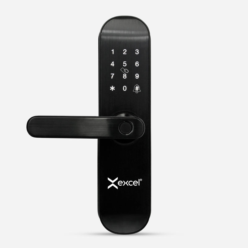 Cerradura Digital EXC-202 con WiFi Bluetooth, Huella digital, Contraseña Numérica, Tarjeta RFID y Llave Mecánica. Módulo exterior. Vista frontal.