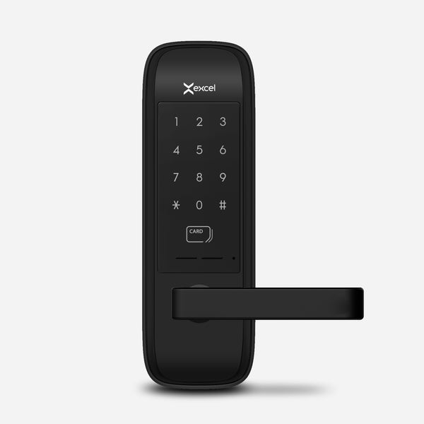 Cerradura Digital EXC-L510 con Contraseña Numérica y Tarjeta RFID. Panel touch numérico iluminado. Módulo exterior en color negro, vista frontal.