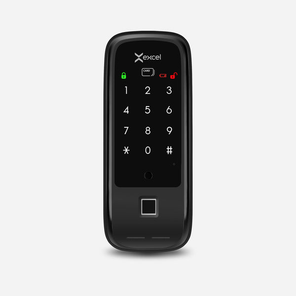 Cerradura Digital tipo cerrojo EXC-D420. Con lector de huella digital, contraseña numérica y tarjeta RFID. Módulo exterior, vista frontal.