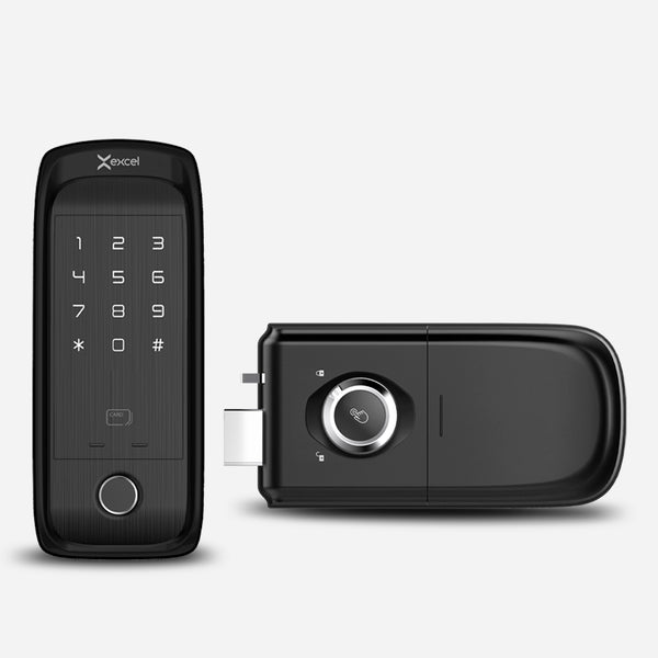 Cerradura digital tipo cerrojo EXC-SD400. WiFi y Bluetooth, Huella Digital, Contraseña Numérica y Tarjeta RFID. Módulos exterior e interior, vista frontal.